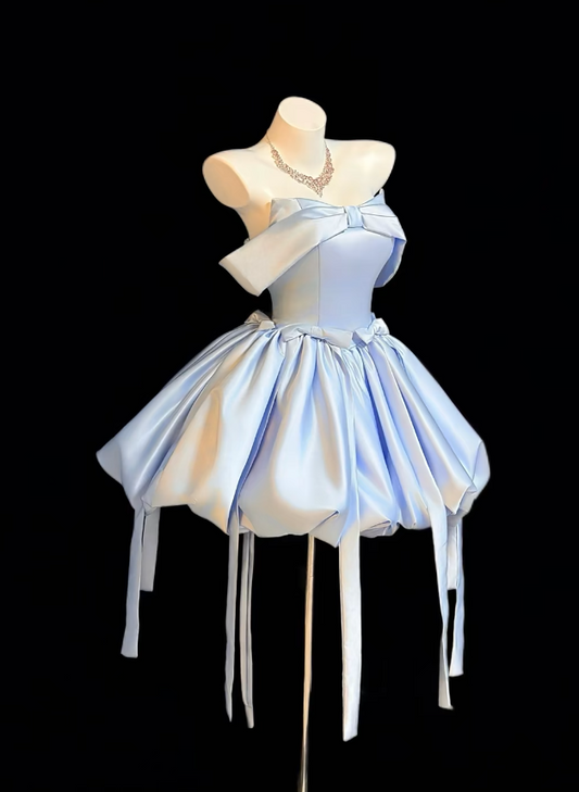 Chic Blue Birthday Dress A-Line Strapless Short Homecoming Dress Satin Sleeveless Party Dress DP05361