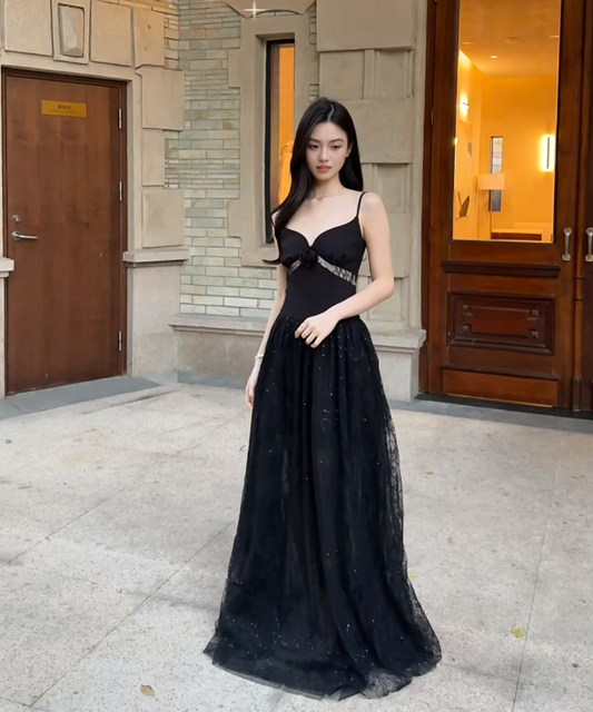 Chic Black Prom Dress A-Line Spaghetti Straps Tulle Long Evening Dress DP05367