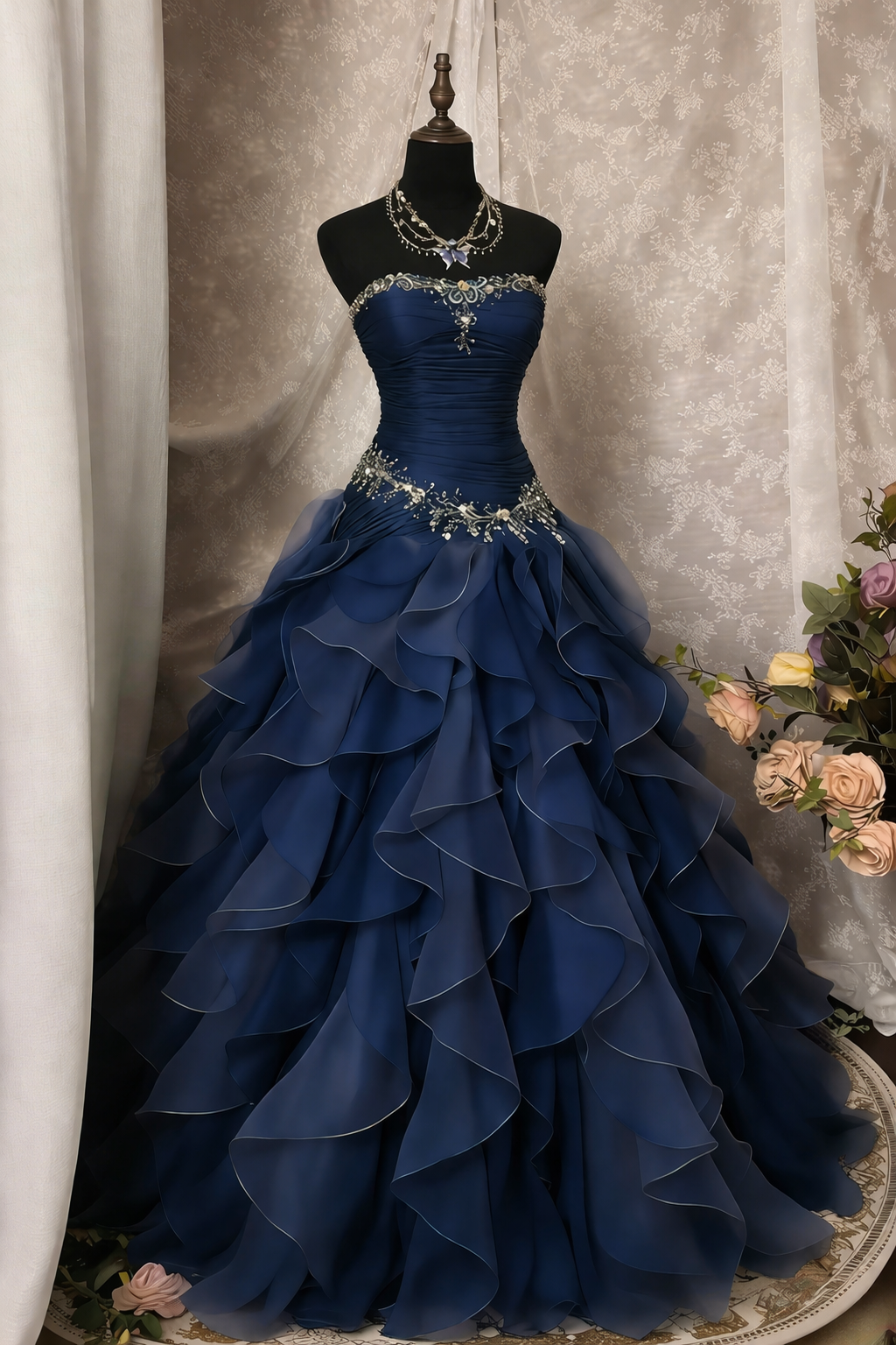 Élégante robe de bal bleu marine en mousseline de soie, coupe trapèze, longue robe de soirée bustier sans manches, robe de cérémonie DP05375