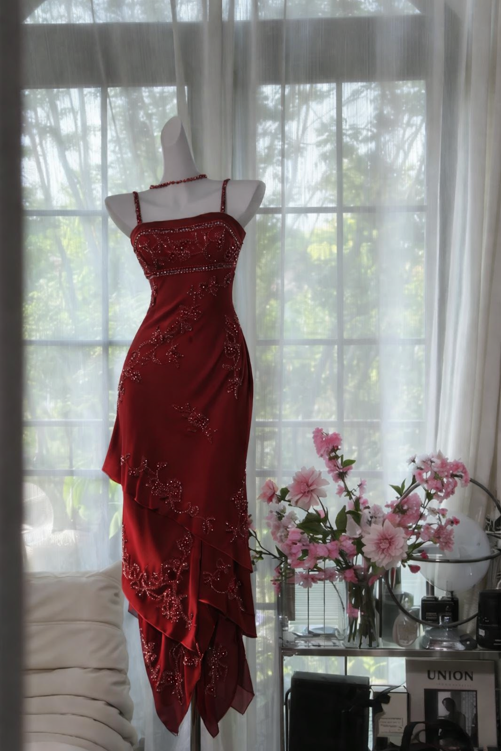 Robe de bal de promo chic bordeaux avec bretelles fourreau en mousseline perlé longue robe de soirée sans manches robe formelle DP05383