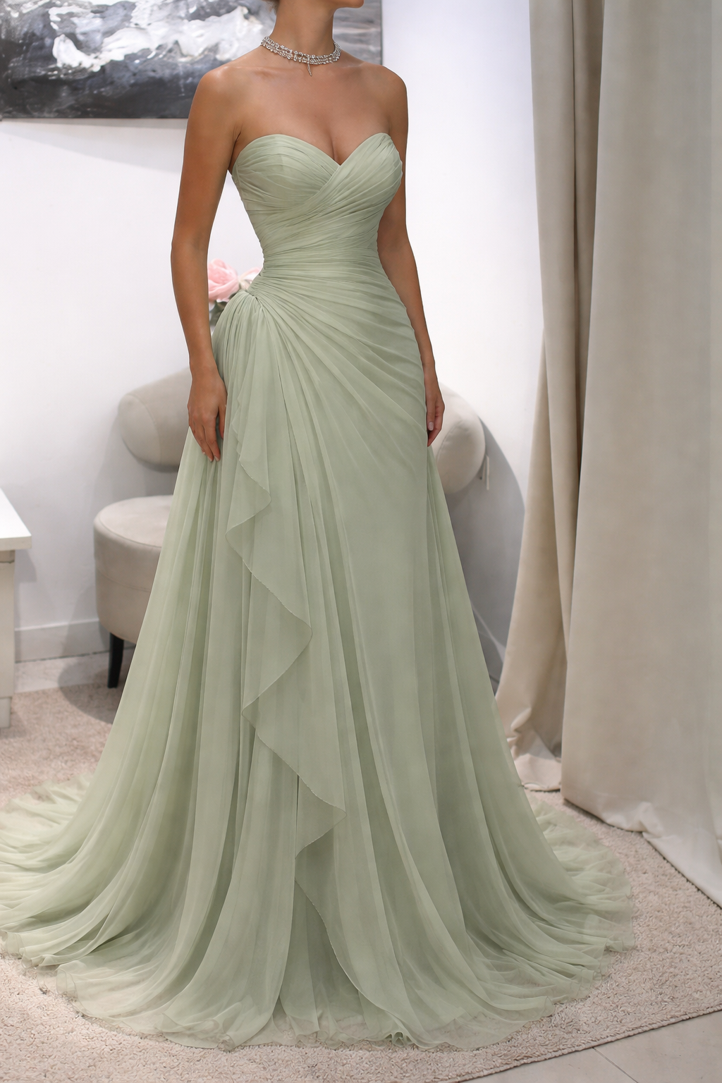 Chic Sage Prom Dress Sweetheart Sheath Chiffon Long Evening Dress Sleeveless Formal Dress DP05386
