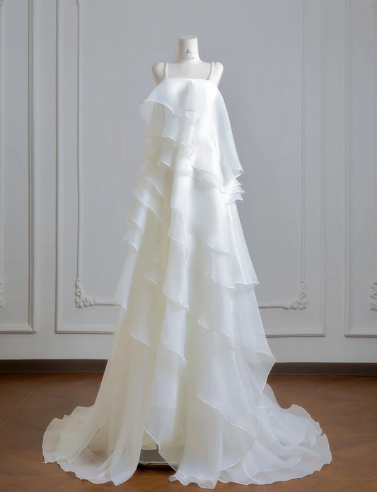 Simple White Wedding Dress Straps Sheath Bridal Dress Tiered Chiffon Bridal Gowns DP05389