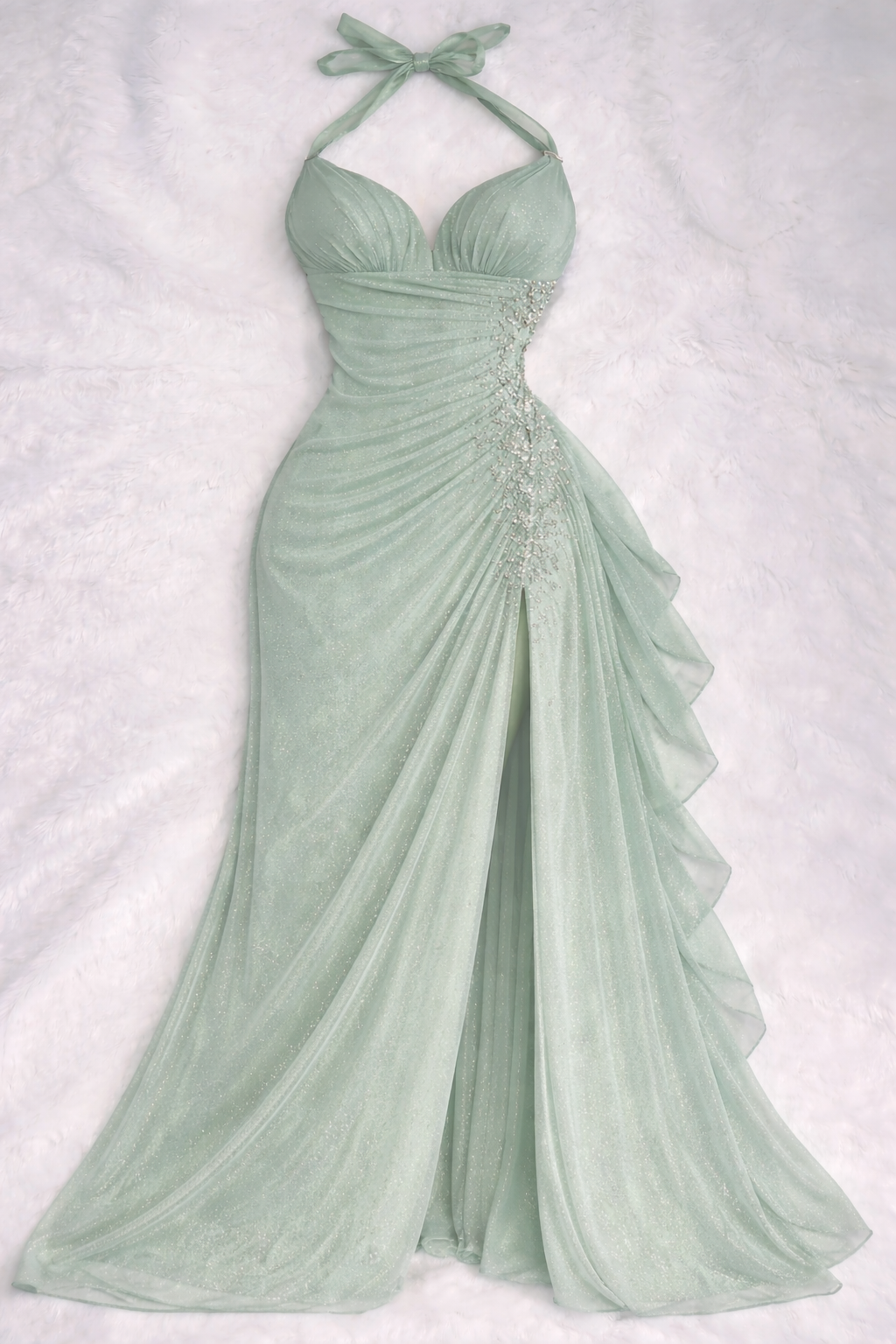 Elegantes mintgrünes Ballkleid Neckholder Etui-Chiffon langes Abendkleid DP05408