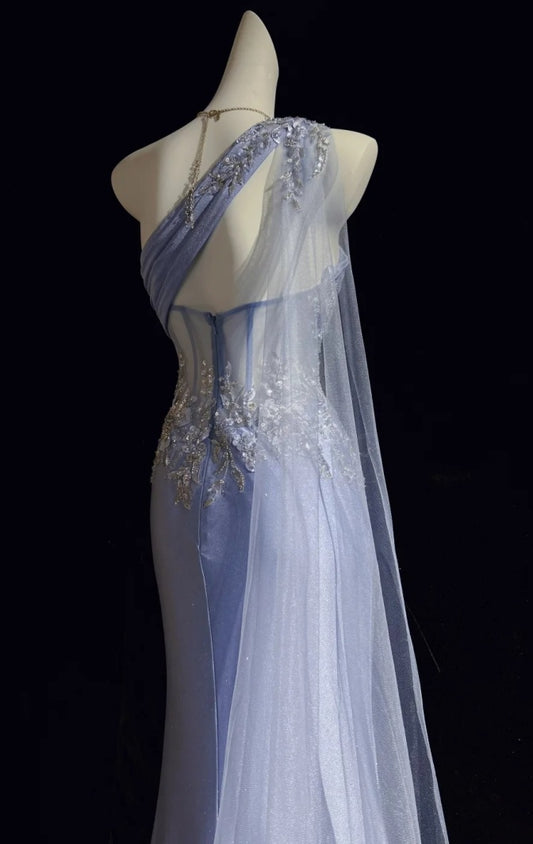 Sexy Blue Prom Dress One-shoulder Formal Dress Sheath Beaded Long Evening Dress DP05413