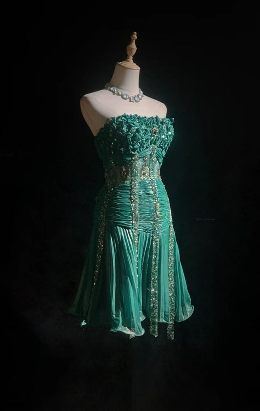 Robe de Soirée Anniversaire Fée Turquoise Bustier Robe Fourreau en Satin Courte Robe de Bal DP05424