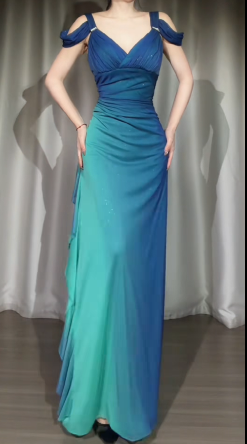 Fairy Teal Prom Dress Off-shoulder Sheath Chiffon Long Evening Dress DP05436