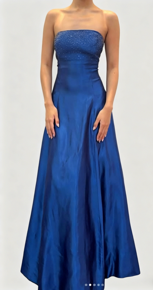 Chic Blue Prom Dress Strapless A-Line Satin Sequins Long Evening Dress DP05440
