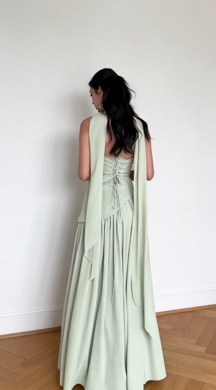Elegantes grünes trägerloses Etui-Abendkleid aus Chiffon für Hochzeitsgäste DP05447