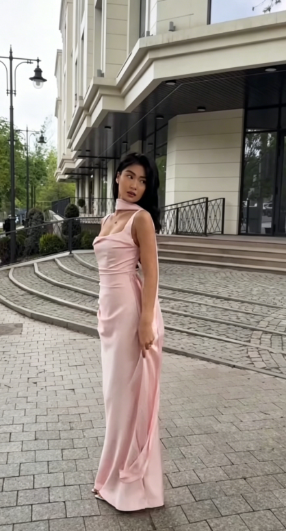 Chic Pink Bridesmaid Dress Satin Wedding Guest Dress Spaghetti Straps Sheath Long Evening Dress DP05449