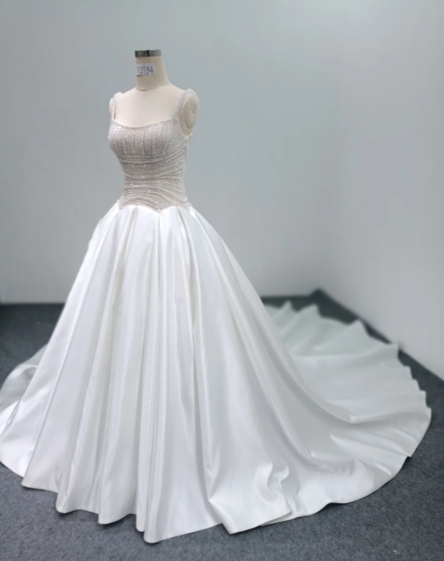 Modest A-Line Wedding Dress Spaghettit Straps White Bridal Dress Beaded Satin Bridal Gown DP05456