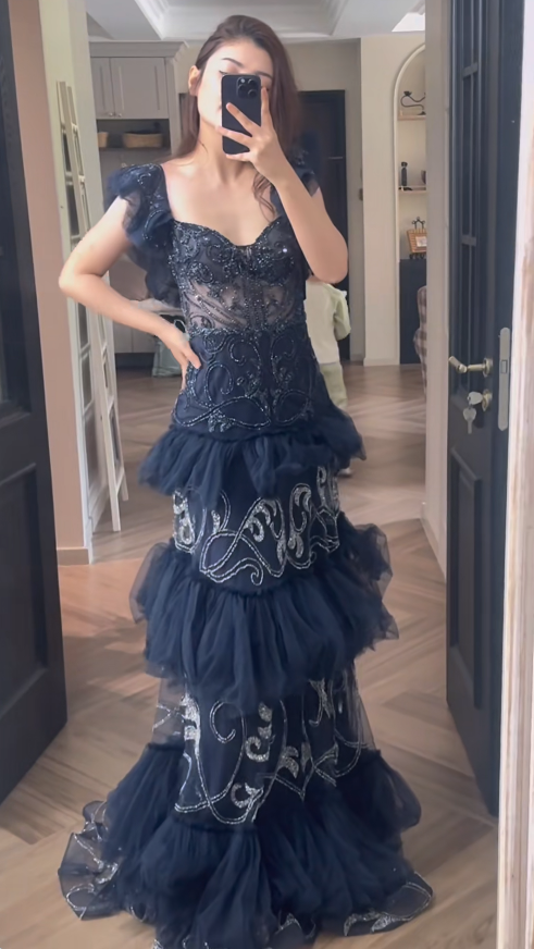Märchenhafte Liebste Etui Lang Abendkleid Marineblau Ballkleid Tüll Festliches Kleid DP05471