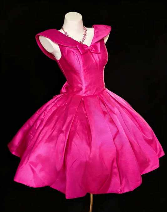 Cute V-neck A-Line Birthday Dress Satin Cocktail Dress Hot Pink Graduation Party Dress DP05485