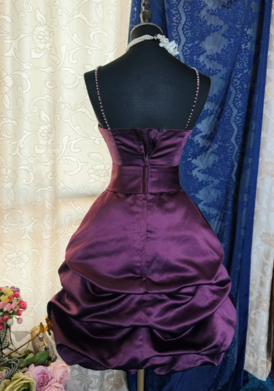 Robe Courte de Bal Chic Halter en Satin, Robe d'Anniversaire Coupe A-Line, Robe de Cocktail Violette DP05486