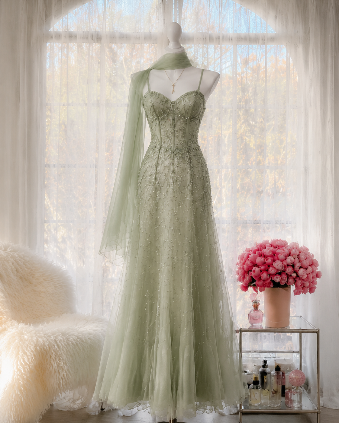 Robe de bal chic verte à fines bretelles, coupe trapèze, en tulle orné de perles, longue robe de soirée DP05501