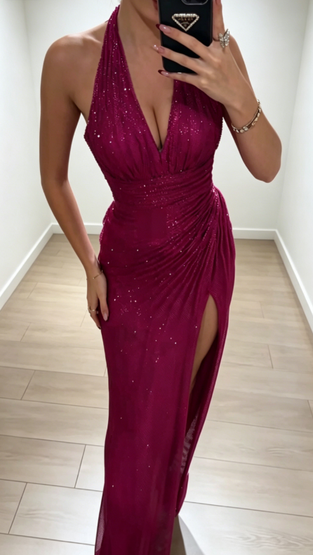 Elegant Halter Sheath Chiffon Long Evening Dress Fuchsia Prom Dress DP05511