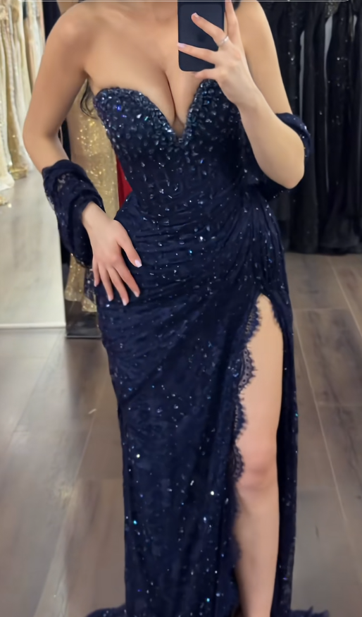 Elegantes Sweetheart Etuikleid aus Spitze, langes Abendkleid, Strass, Marineblau, Ballkleid DP05523