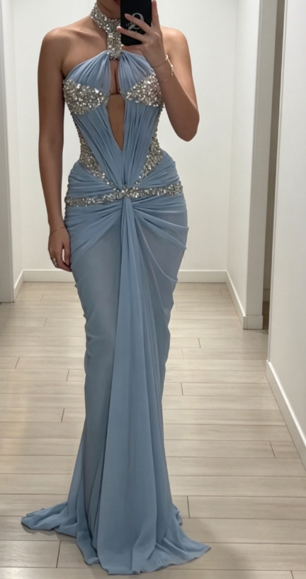 Robe de soirée longue en mousseline de soie coupe fourreau chic à col licou bleu poudré DP05529