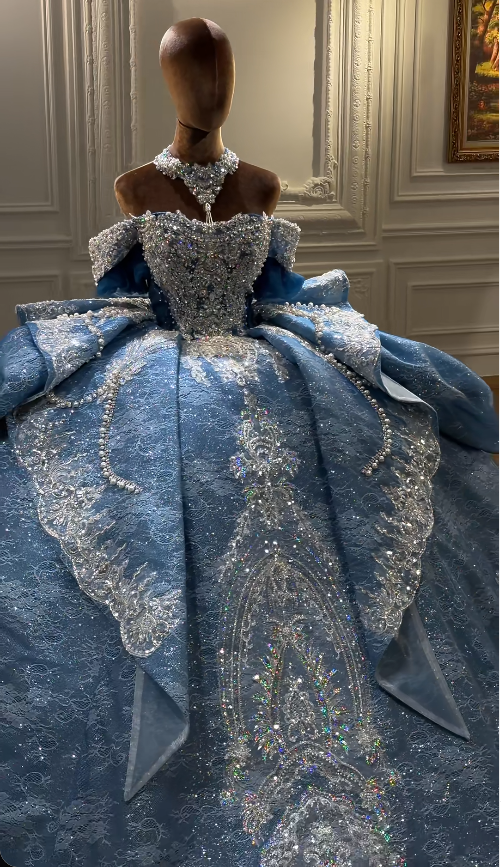 Robe de bal chic à épaules dénudées pour Quinceanera, robe de bal bleu poudré pour les 16 ans, robe de soirée longue en dentelle perlée DP05536
