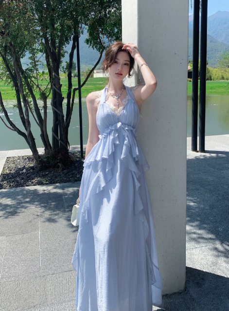 Élégante Robe d'Anniversaire Trapèze à Col Halter Bleu, Robe de Vacances Longue en Mousseline DP05539