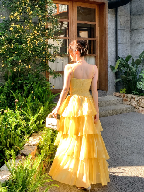 Chic Spaghetti Straps A-Line Vacation Dress Yellow Wedding Guest Dress Chiffon Beach Party Dress DP05545