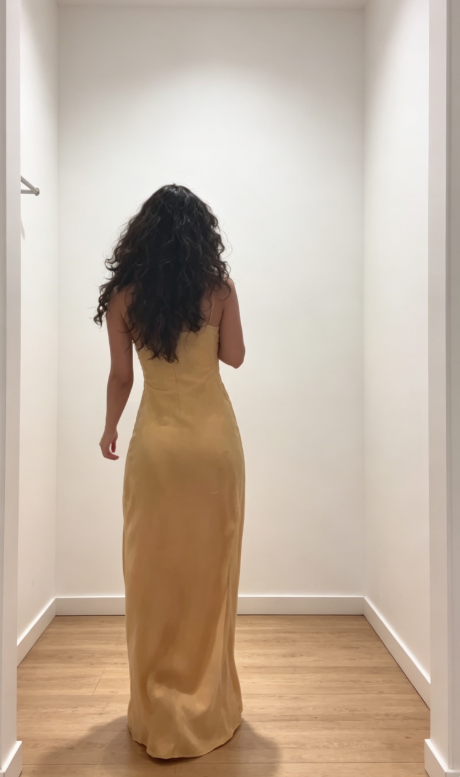 Elegantes, trägerloses, langes Abendkleid im Etuistil, goldenes Geburtstagskleid, Tüll-Partykleid DP05547