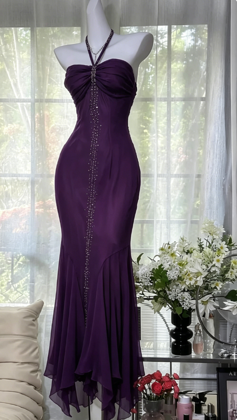 Elegantes Neckholder Meerjungfrau Chiffon Perlen Langes Abendkleid Dunkelviolettes Ballkleid DP05587