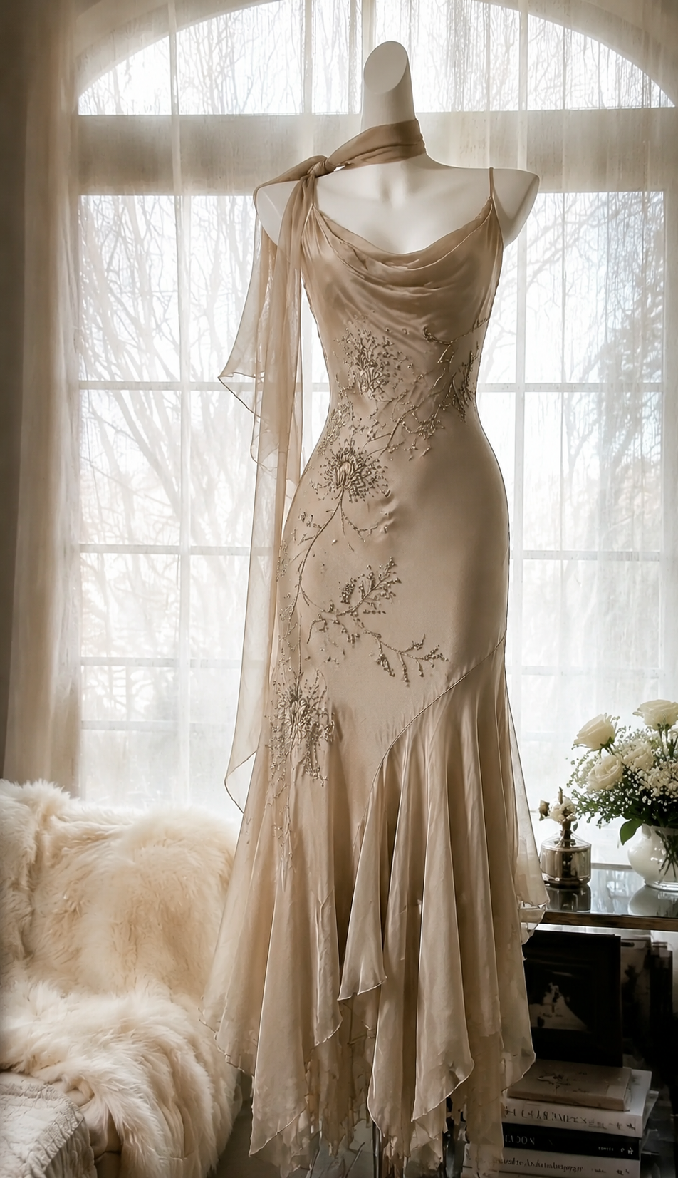 Vintage Spaghetti-Träger Etuikleid aus Chiffon mit Perlen, langes Abendkleid Champagner Abschlussballkleid DP05591