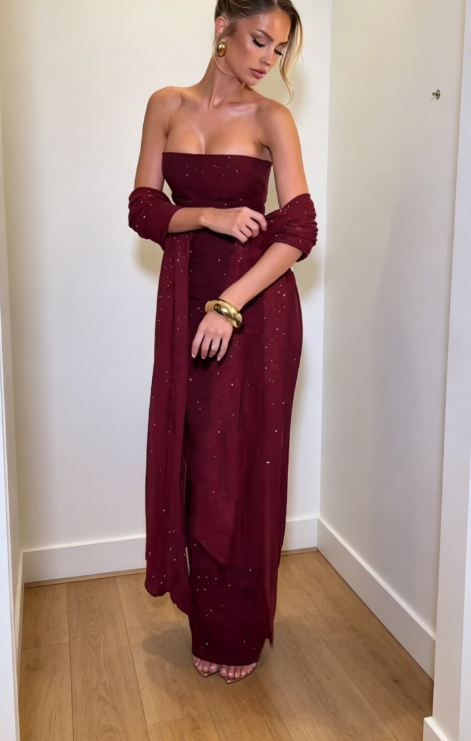 Robe de Soirée Longue en Mousseline de Soie sans Bretelles Fourreau Rouge Bordeaux Robe de Bal DP05598