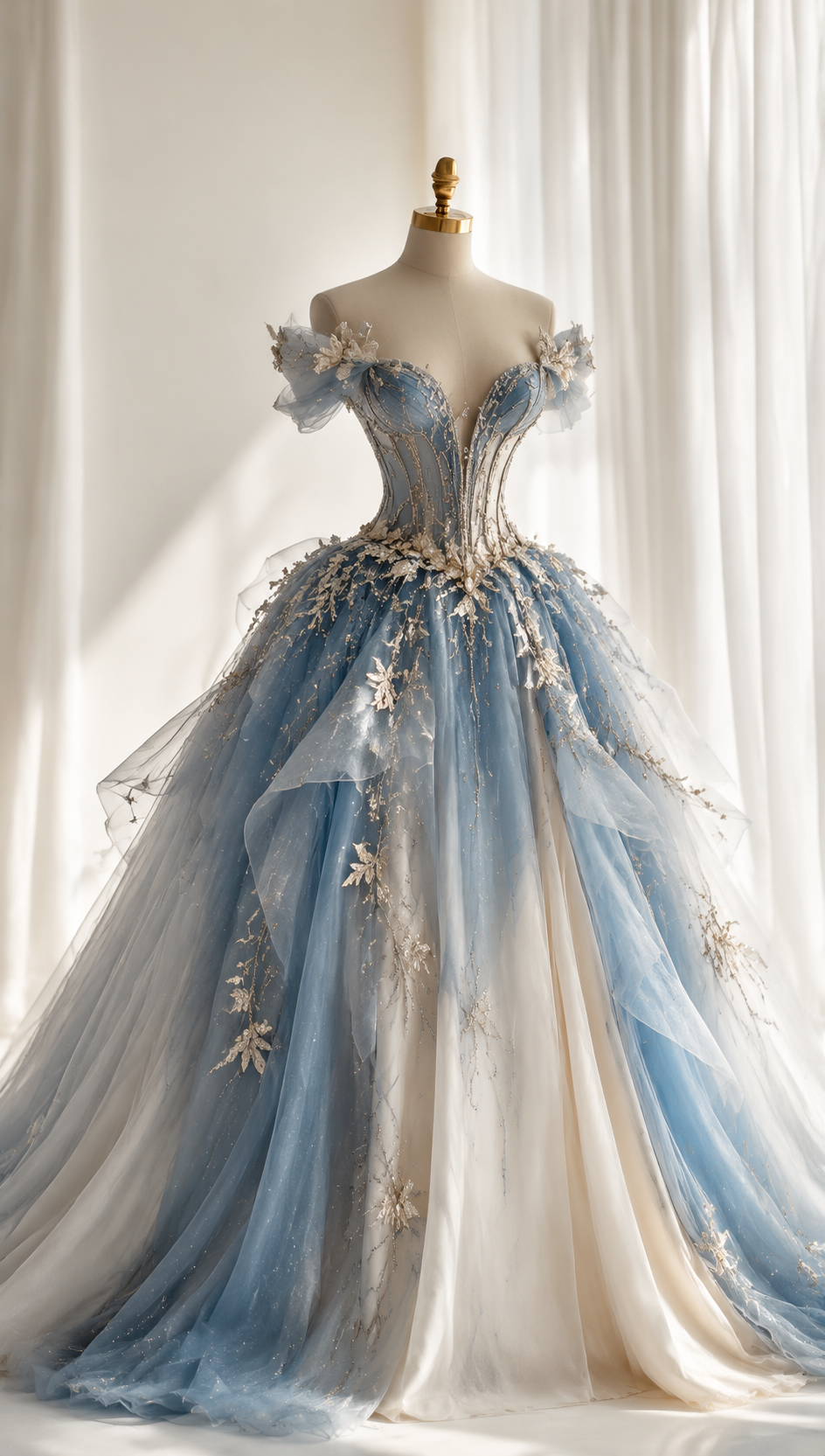 Gorgeous Off-shoulder Ball Gown Quinceanera Dress Tulle Applique Long Prom Dress Blue Sweet 16 Dress DP05601