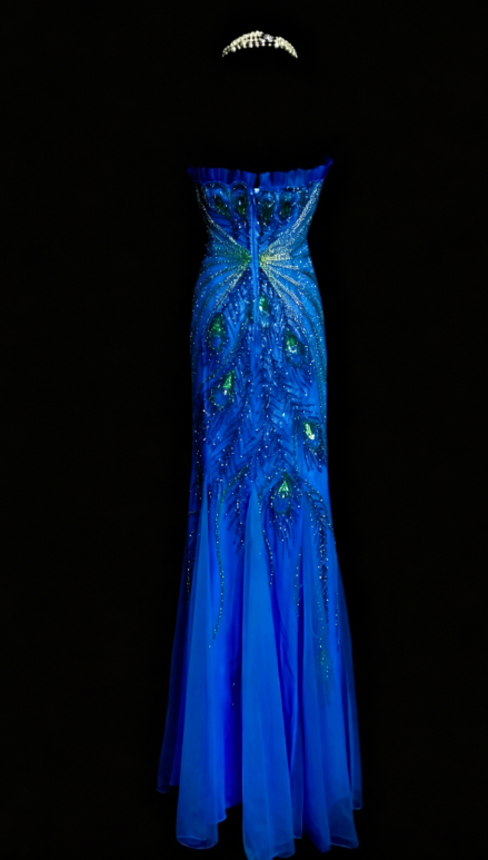 Magnifique Robe de Soirée Longue en Mousseline de Soie sans Bretelles Perles Fourreau Robe de Bal Bleue DP05603