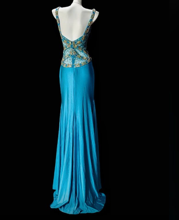 Wunderschönes, perlenbesetztes langes Abendkleid aus Chiffon mit Trägern in Türkis, Ballkleid DP05604