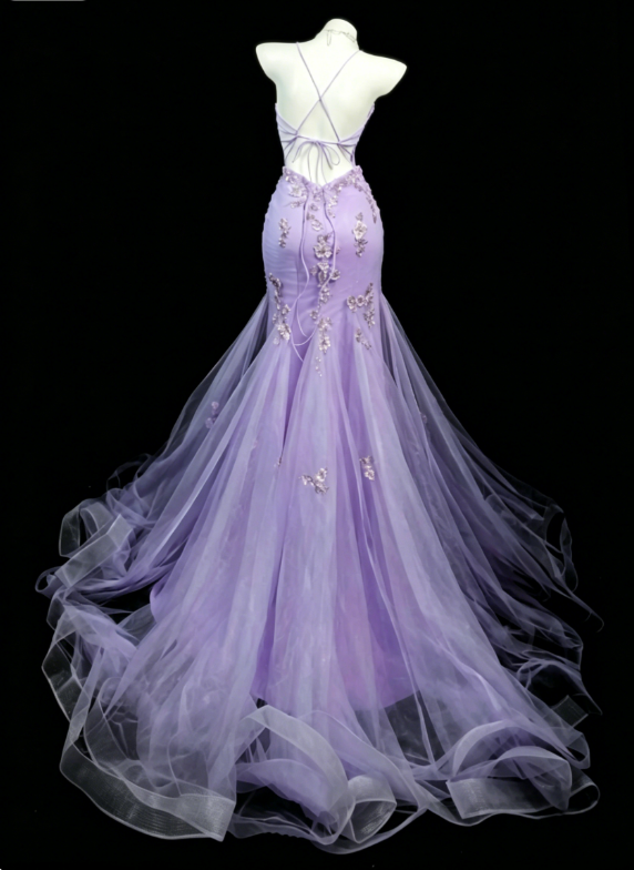 Wunderschönes langes Abendkleid mit Spaghettiträgern, Meerjungfrauen-Silhouette und Tüll-Applikationen, lila Ballkleid DP05605
