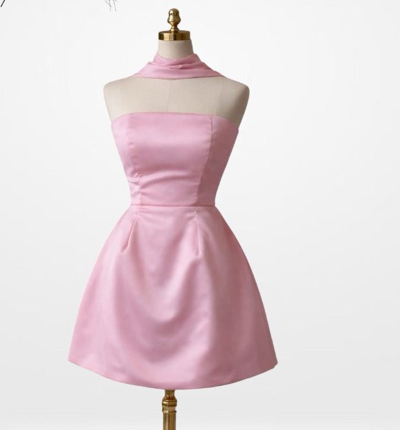 Wunderschönes trägerloses Geburtstags-A-Linien-Cocktailkleid aus Satin, rosa Abschlussballkleid DP05611