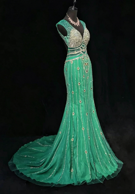 Wunderschönes V-Ausschnitt Etui Chiffon Perlen Langes Abendkleid Grünes Ballkleid DP05627