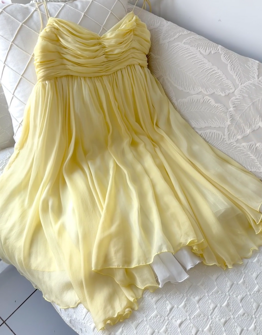 Gorgeous Spaghetti Straps Birthday Dress Sheath Chiffon Beaded Short Cocktail Dress Yellow Short Prom Dress DP05630