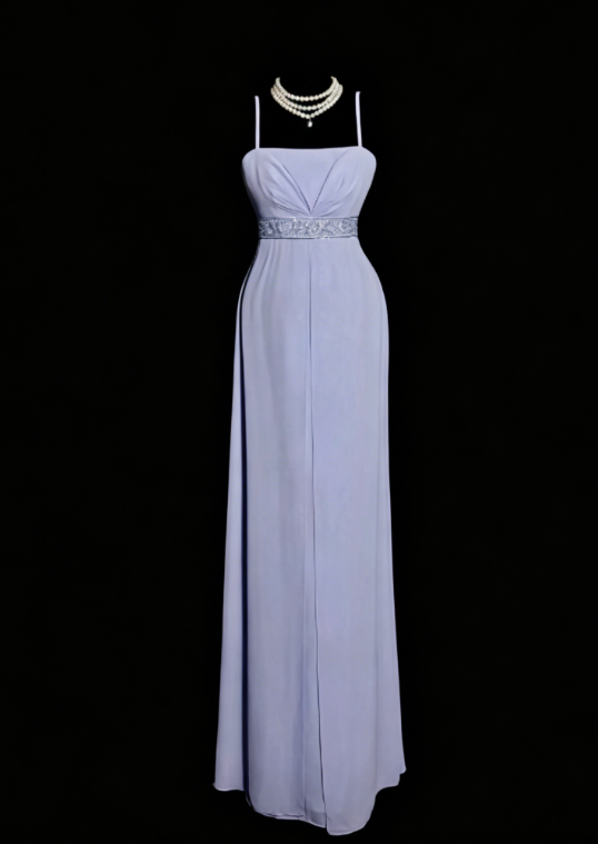 Robe de soirée longue en mousseline fourreau chic à fines bretelles violette pour mère de la mariée DP05635