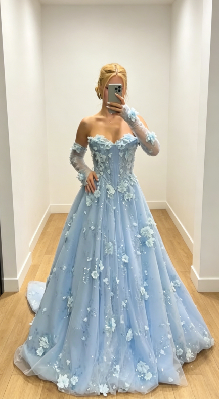 Magnifique Robe de Soirée Longue en Tulle Coupe Trapèze Ornée d'Appliques Doux Cœur Bleu Pâle pour Bal de Promo DP05643