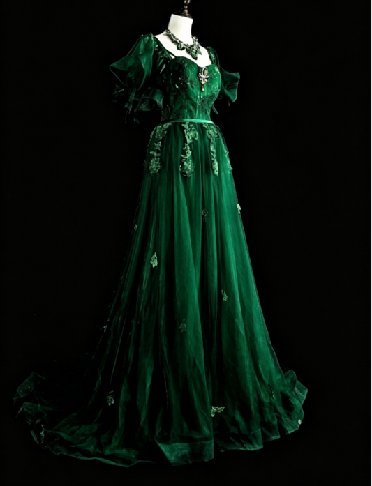 Wunderschönes A-Linien Quinceañera Kleid Tüll Applikationen Langes Grünes Sweet 16 Kleid DP05646