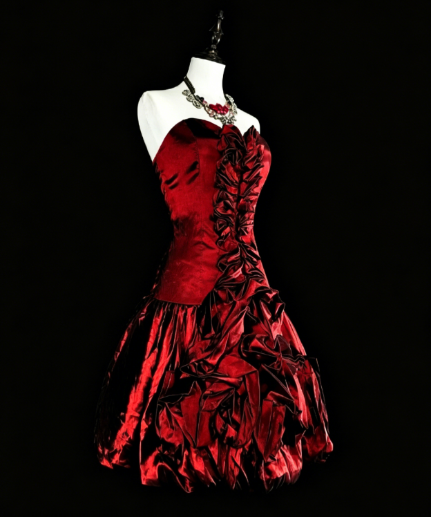 Niedliches Trägerloses A-Linien Satin Kurzes Ballkleid Ärmelloses Geburtstagskleid Weinrotes Cocktailkleid DP05650