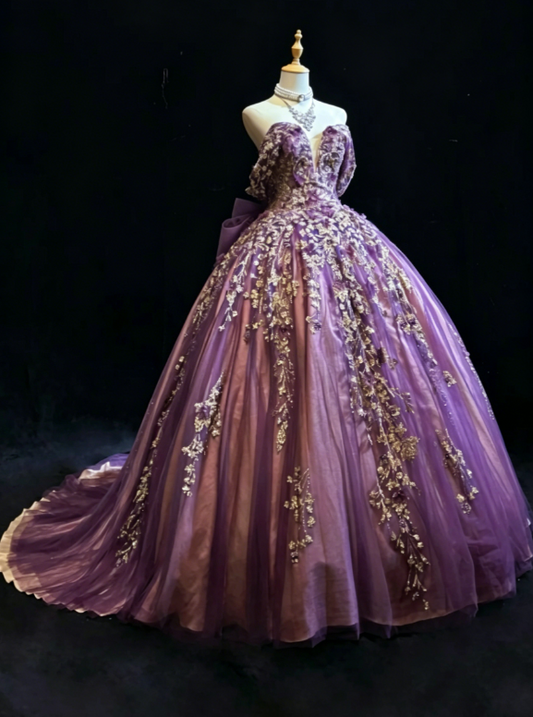 Magnifique robe de Quinceanera trapèze à épaules dénudées en tulle avec applique, longue robe de bal violette DP05651