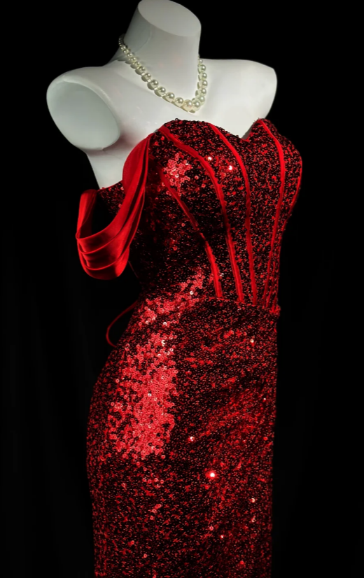 Wunderschönes schulterfreies, enganliegendes langes Abendkleid mit Pailletten, burgunderrotes Ballkleid DP05666