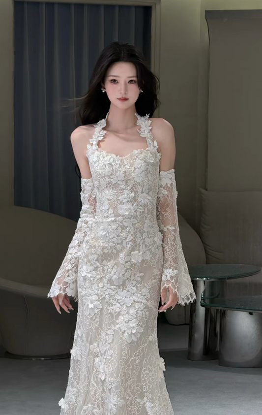 Timeless Halter Mermaid Wedding Dress Lace Applique Bridal Dress White Bridal Gown DP05671