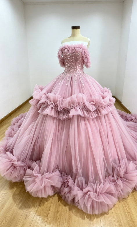 Magnifique robe de bal Quinceanera sans épaules en tulle à appliqués, longue robe d'anniversaire rose, robe Sweet 16 DP05675