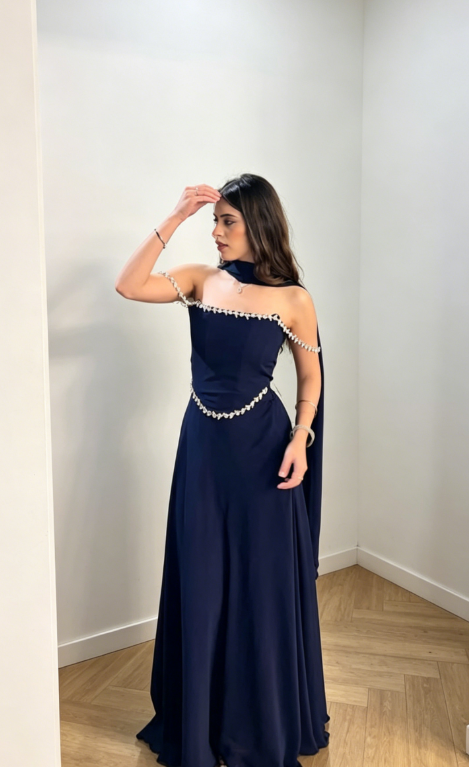 Simple Off-shoulder Sheath Chiffon Long Evening Dress Navy Blue Prom Dress DP05686