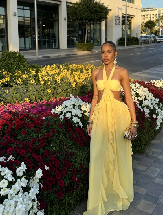 Elegant Yellow Wedding Guest Dress Halter Sheath Chiffon Long Evening Dress DP05711