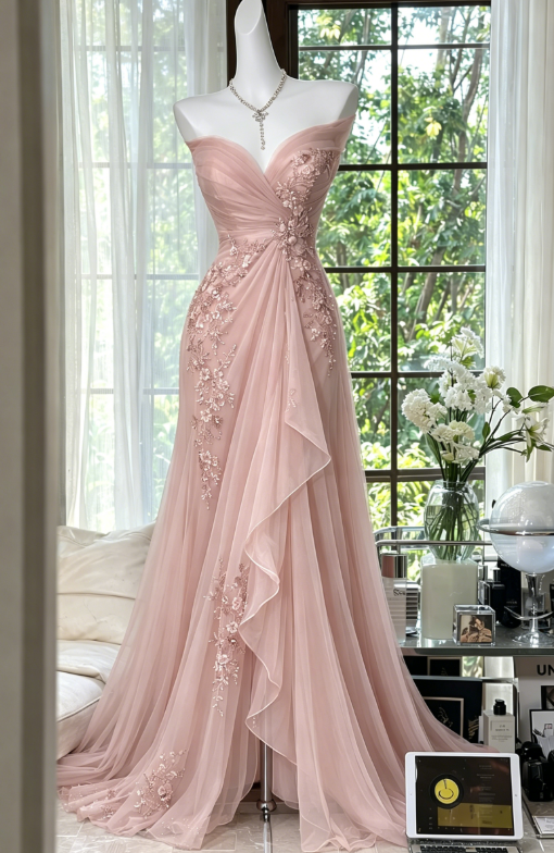 Robe de soirée longue en mousseline avec perles, coupe sirène, décolleté cœur, rose élégante pour invitée de mariage DP05712
