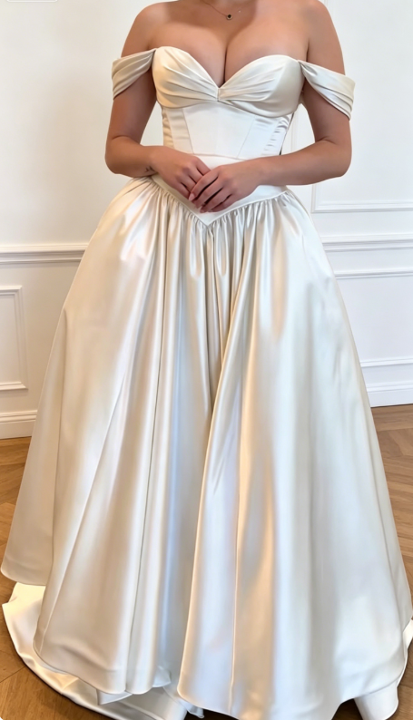 Elegant White Wedding Dress Off-shoulder A-Line Bridal Gown Satin Bridal Dress DP05718