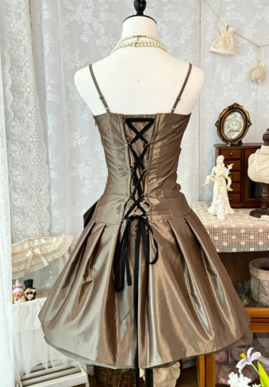 Chic Spaghetti Straps Short Prom Dress A-Line Satin Birthday Dress Light Brown Graduation Dress DP05728