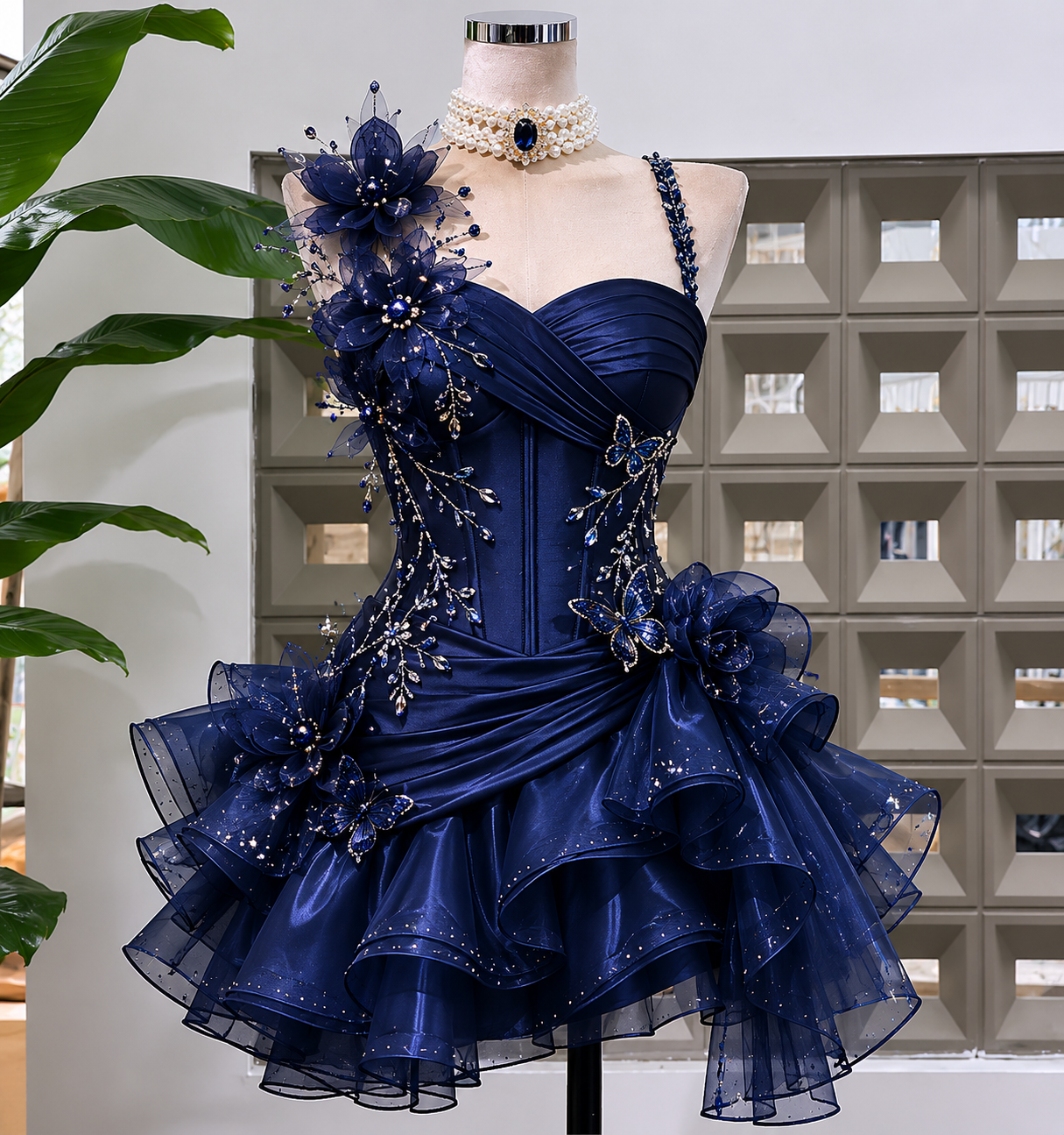 Chic Straps A-Line Short Homecoming Dress Appliques Tulle Party Dress Navy Blue Birthday Dress DP05736