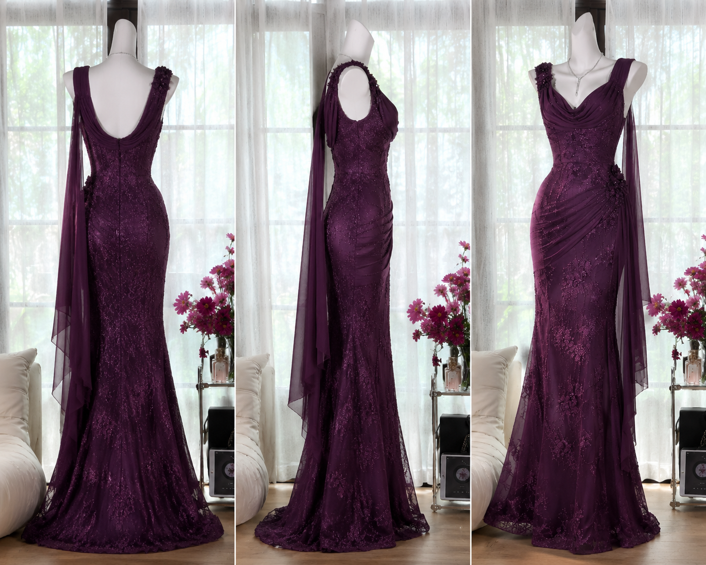Glam Lila Ballkleid Träger Scheide Chiffon Perlen Lang Abendkleid DP05737